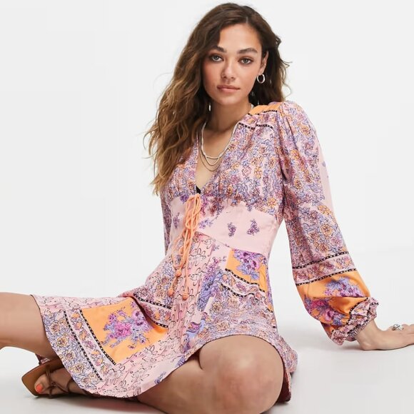 Free People Mixin' It Up mini dress with tie front in bright paisley print - Picture 1 of 6
